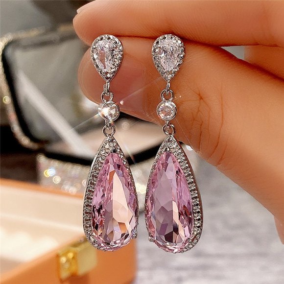 WATER DROP Pink CZ STONE PIERCED Dangle EARRINGS - Picture 3 of 6
